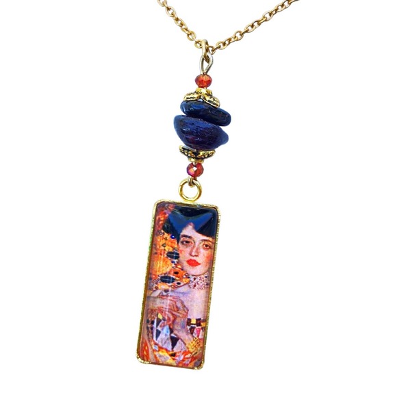 Lady in Gold Pendant Necklace Gustav Klimt Garnet Adele Face Cabochon Handmade - Picture 1 of 9